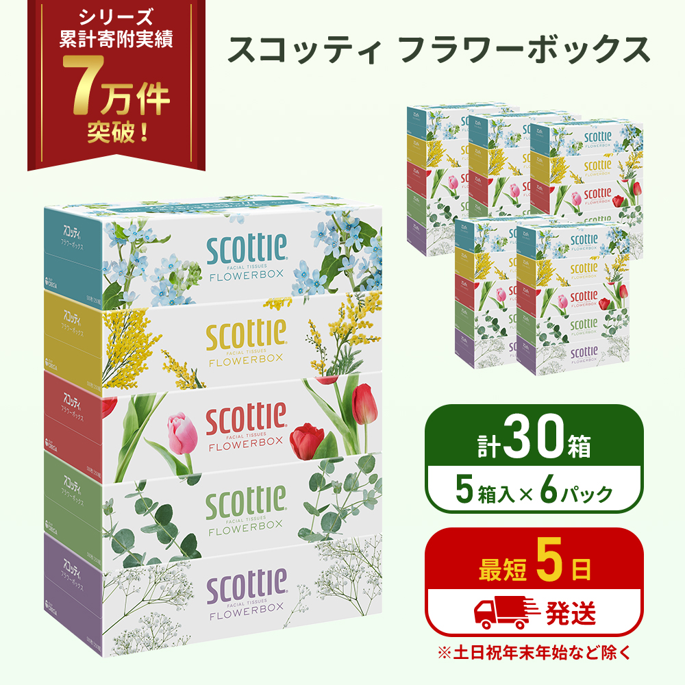 ティッシュ スコッティ フラワーボックス 30箱 (5箱×6パック) ティッシュペーパー ティシュー ティシューペーパーボックスティッシュ ボックスティシュー ティシュペーパー 防災 災害 日用品  生活用品 生活必需品  宮城県 岩沼市