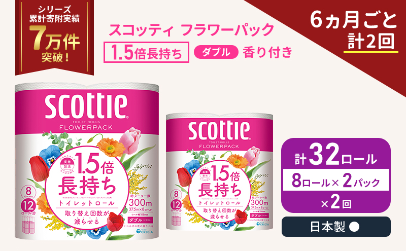 定期便 トイレットペーパー ダブル スコッティ 32ロール ( 8ロール入 × 2パック ) 《 6ヶ月ごと 計  2回 》 1.5 倍巻き フラワーパック 香り付き