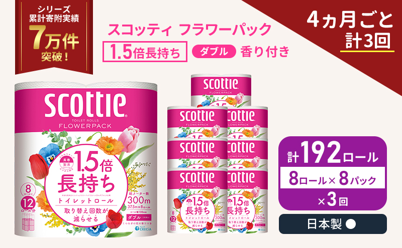 定期便 トイレットペーパー ダブル スコッティ 192ロール ( 8ロール入 × 8パック )《 4ヶ月ごと 計  3回 》 1.5 倍巻き フラワーパック 香り付き