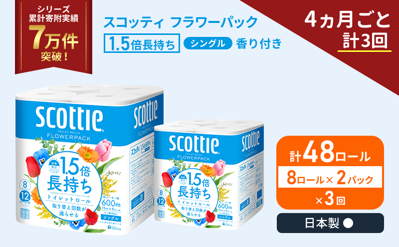 定期便 トイレットペーパー シングル スコッティ 1.5倍長持ち 48ロール ( 8ロール × 2パック)《 4ヶ月ごと 計  3回 》 フラワーパック 香り付き