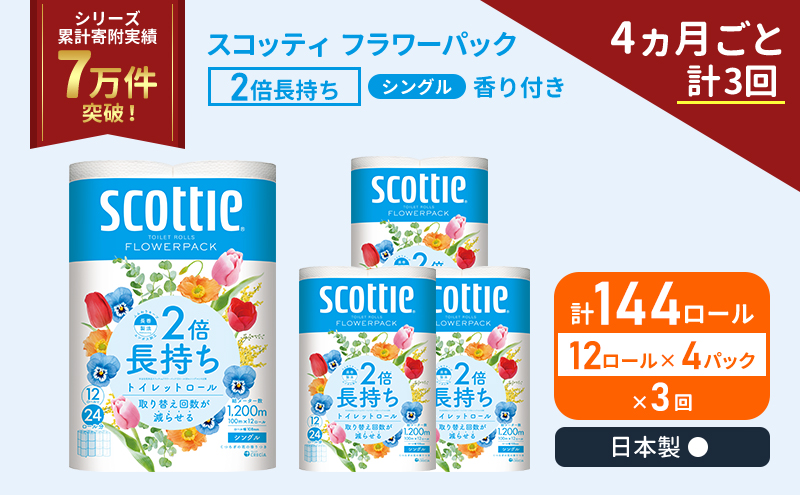 定期便 トイレットペーパー シングル スコッティ 2倍長持ち 144ロール ( 12ロール × 4パック )《 4ヶ月ごと 計  3回 》 フラワーパック 香り付き