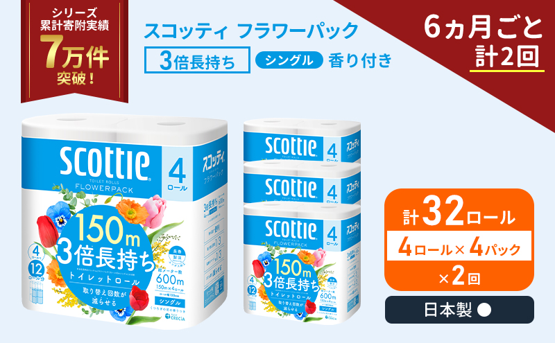 定期便 トイレットペーパー シングル スコッティ フラワーパック 3倍長持ち 32ロール ( 4ロール × 4パック ) 《 6ヶ月ごと 計  2回 》香り付き