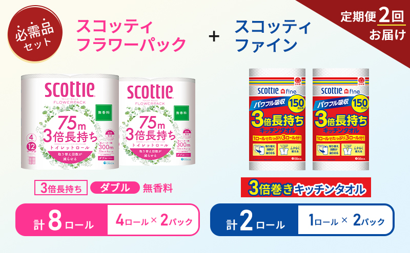 【6ヶ月ごと計2回お届け】キッチンペーパー 2パック入 スコッティ ファイン 1ロール 3倍 150カット トイレットペーパー ダブル 3倍 長持ち 4ロール入×2パック スコッティ フラワーパック 無香料 長持ち 防災 災害 日用品 生活用品 生活必需品