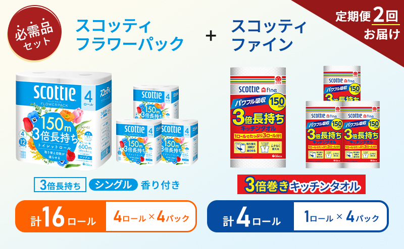 【6ヶ月ごと計2回お届け】キッチンペーパー 4パック入 スコッティ ファイン 1ロール 3倍 150カット トイレットペーパー シングル フラワーパック 3倍長持ち 16ロール (4ロール×4パック) 香り付き 長持ち 防災 災害 日用品 生活用品 生活必需品