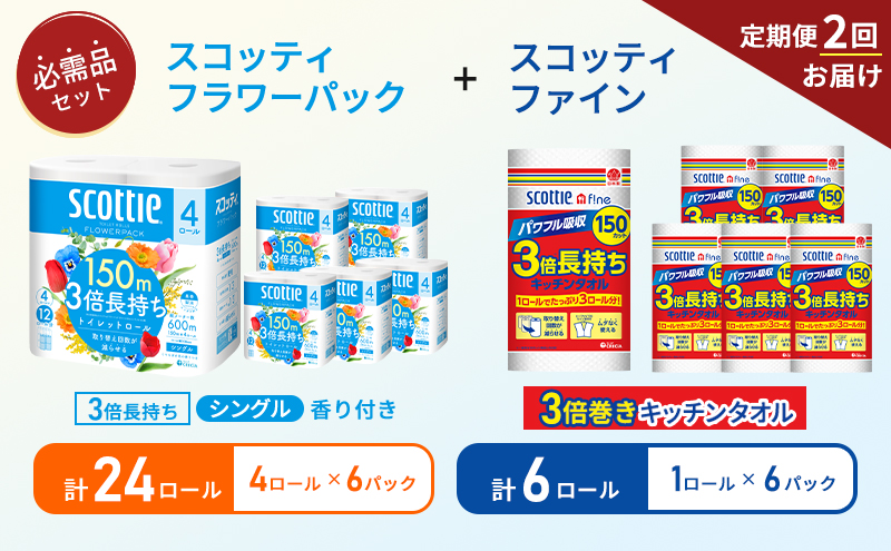 【6ヶ月ごと計2回お届け】キッチンペーパー 6パック入 スコッティ ファイン 1ロール 3倍 150カット トイレットペーパー シングル フラワーパック 3倍長持ち 24ロール (4ロール×6パック) 香り付き 長持ち 防災 災害 日用品 生活用品 生活必需品