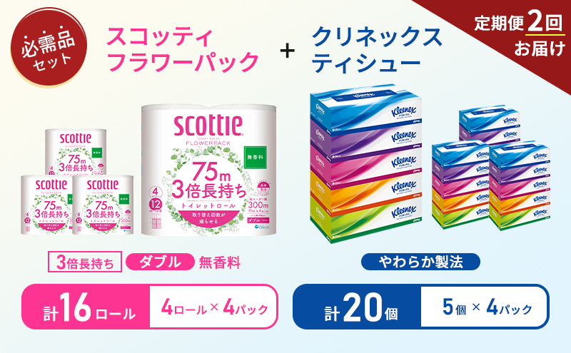 【 6ヶ月ごと計 2回お届け 】ティッシュ クリネックス 5箱入 × 4パック トイレットペーパー スコッティ ダブル 3倍長持ち 4ロール入 × 4パック フラワーパック