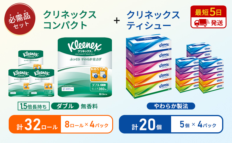 ティッシュ クリネックス 5箱入 × 4パック トイレットペーパー ダブル 1.5 倍巻き 8ロール入 × 4パック コンパクト