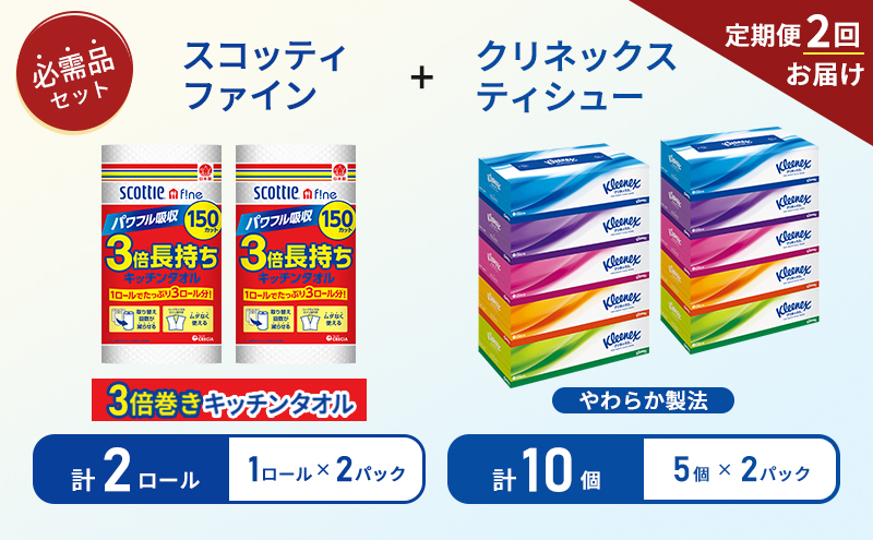 【6ヶ月ごと計2回お届け】ティッシュ クリネックス ティシュー 5箱入×2パック キッチンペーパー 2パック入 キッチンタオル スコッティ ファイン 1 ロール 3倍 150カット 長持ち 防災 災害 日用品 生活用品 生活必需品