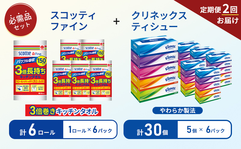 【6ヶ月ごと計2回お届け】ティッシュ クリネックス ティシュー 5箱入×6パック キッチンペーパー 6パック入 キッチンタオル スコッティ ファイン 1 ロール 3倍 150カット 長持ち 防災 災害 日用品 生活用品 生活必需品