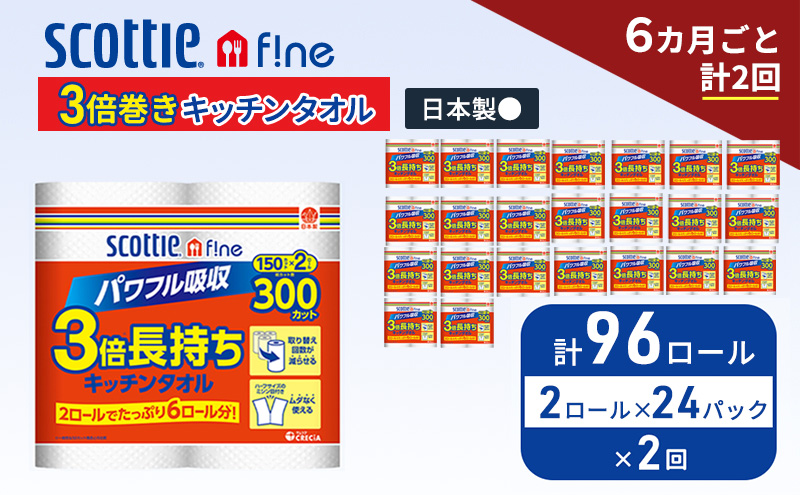 定期便 キッチンペーパー スコッティ 96ロール ファイン キッチンタオル 3倍巻き 150カット ペーパータオル 2ロール × 24パック《 6ヶ月ごと計 2回 》
