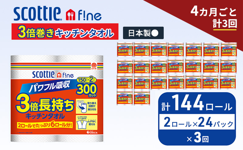 定期便 キッチンペーパー スコッティ 144ロール ファイン キッチンタオル 3倍巻き 150カット ペーパータオル 2ロール × 24パック《 4ヶ月ごと計3回 》