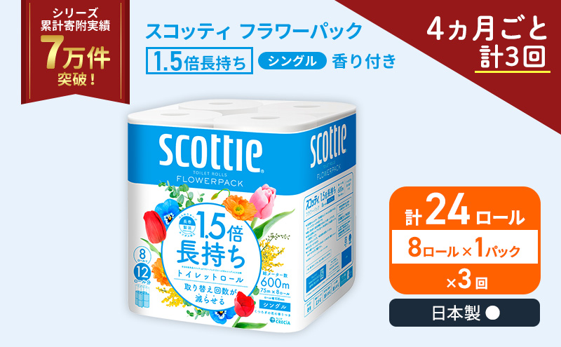 定期便 トイレットペーパー シングル スコッティ 1.5倍長持ち 8ロール × 1パック フラワーパック 香り付き《 4ヶ月ごと計 3回 》