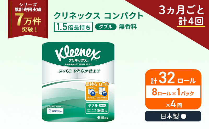 定期便 トイレットペーパー ダブル クリネックス 1.5倍長持ち 8ロール × 1パック コンパクト 無香料《 3ヶ月ごと計 4回 》