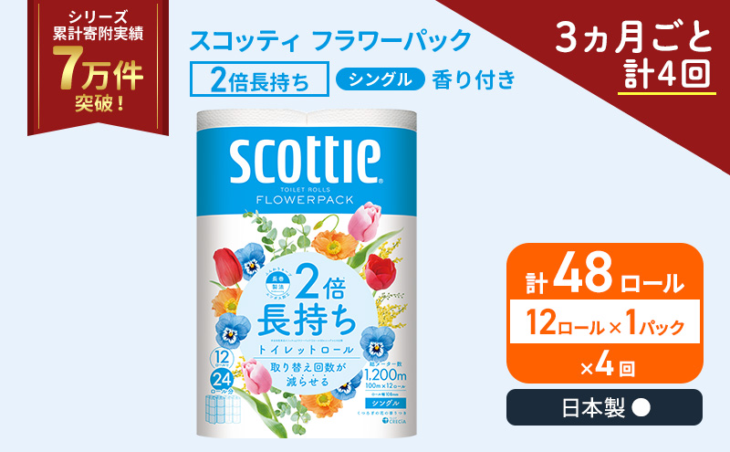 定期便 トイレットペーパー シングル スコッティ 2倍長持ち 12ロール × 1パック フラワーパック 香り付き《 3ヶ月ごと計 4回 》
