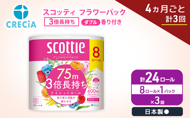 定期便 トイレットペーパー ダブル スコッティ 3倍長持ち 8ロール × 1パック《 4ヶ月ごと計 3回 》 フラワーパック