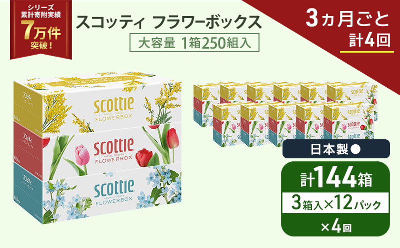 定期便 ティッシュ スコッティ フラワーボックス 3箱 × 12 パック《 3ヶ月ごと計 4回 》ティッシュセット