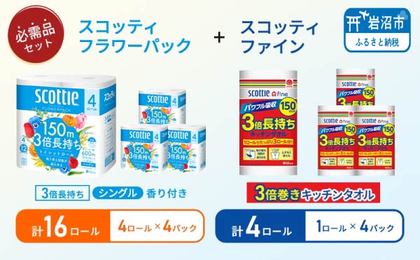 キッチンペーパー 4パック入 スコッティ ファイン 1ロール 3倍 150カット トイレットペーパー シングル フラワーパック 16ロール (4ロール × 4パック)