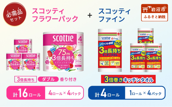 キッチンペーパー 4パック入 スコッティ ファイン 1ロール 150カット トイレットペーパー ダブル 3倍長持ち 4ロール入 × 4パック フラワーパック