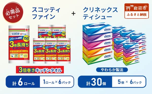 ティッシュ クリネックス 5箱入 × 6パック キッチンペーパー 6パック入 キッチンタオル スコッティ ファイン 1 ロール 3倍 150カット