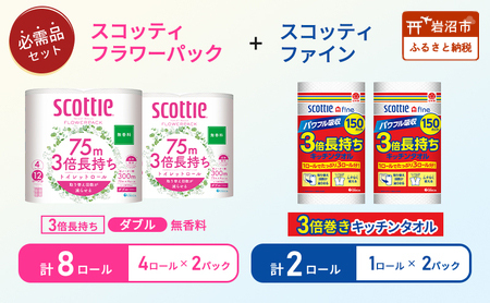 キッチンペーパー 2パック入 スコッティ ファイン 1ロール 150カット トイレットペーパー ダブル 4ロール入 × 2パック フラワーパック クレシア 日用品 日本製 宮城県 岩沼市