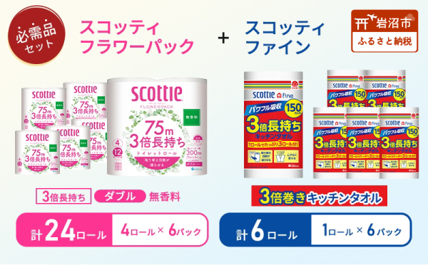 キッチンペーパー 6パック入 スコッティ ファイン 1ロール 3倍 150カット トイレットペーパー ダブル 24ロール ( 4ロール × 6パック ) フラワーパック