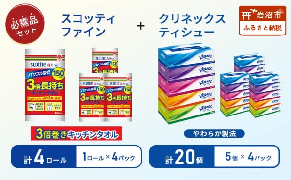 ティッシュ クリネックス 5箱入 × 4パック キッチンペーパー 4パック入 キッチンタオル スコッティ ファイン 1 ロール 3倍 150カット