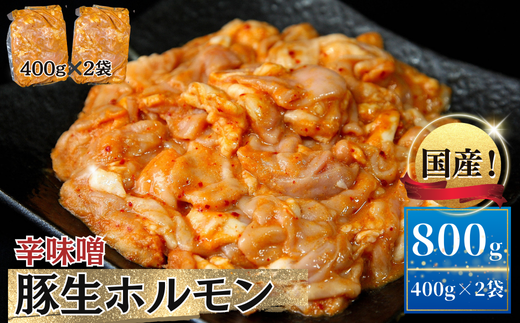 お肉屋さん 自慢の味付け！ 国産 豚 生ホルモン 辛味噌味 800g（400g×2パック） 冷凍 小分け 味付 簡単 調理 豚ホルモン ブタホルモン ホルモン 焼肉 おつまみ バーベキュー BBQ 宮城県 東松島市 オンラインワンストップ 対応 自治体マイページ 佐利 AB