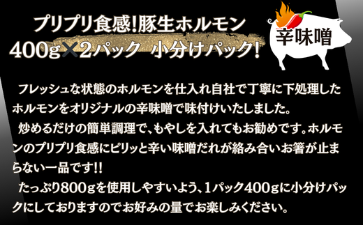 お肉屋さん 自慢の味付け！ 国産 豚 生ホルモン 辛味噌味 800g（400g×2パック） 冷凍 小分け 味付 簡単 調理 豚ホルモン ブタホルモン ホルモン 焼肉 おつまみ バーベキュー BBQ 宮城県 東松島市 オンラインワンストップ 対応 自治体マイページ 佐利 AB