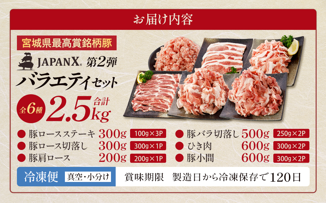JAPAN X バラエティセット 第2弾 6種 2.5kg　豚肉 豚 ブランド豚 小分け バラエティセット 豚こま 豚バラ 豚ロース ひき肉 ジャパンエックス 蔵王 人気　【04301-0888】