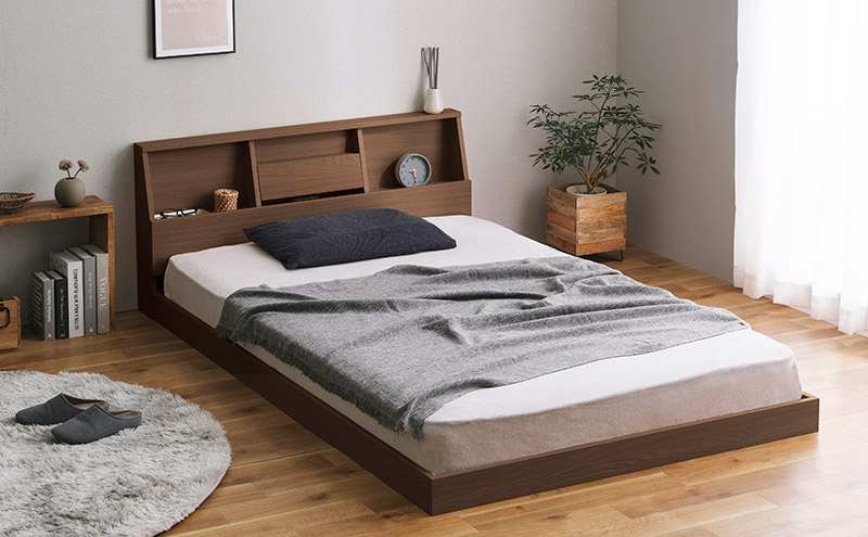 ベッド セミダブル セミダブルベッド アイリスオーヤマ FBF-SD ウォールナット ベッドフレーム フロアベッド ローベッド コンセント付き 通気性 フレーム コンセント ヘッドボード付き スマホスタンド 木製 ロータイプ 北欧 組立 インテリア 寝室 