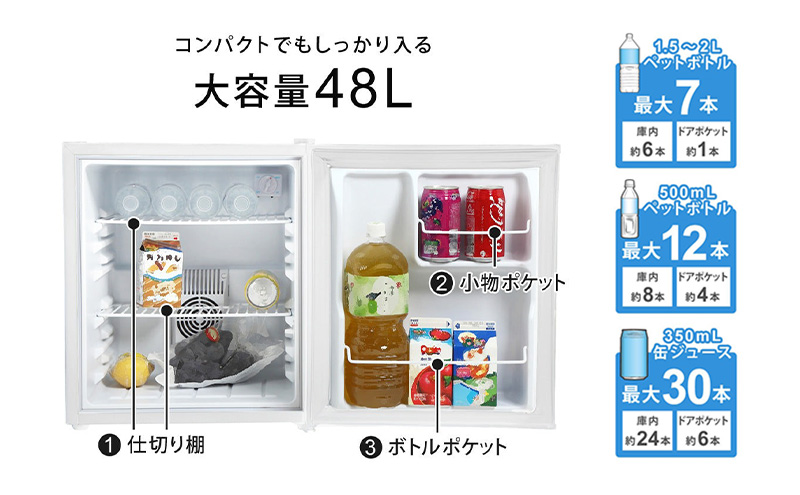 1ドア冷蔵庫 右開き 冷蔵庫 小型 霜取り不要 静音 48L 一人暮らし 低振動 ペルチェ式 省エネ  小型冷蔵庫 サブ冷蔵庫 ミニ冷蔵庫 セカンド冷蔵庫 コンパクト おしゃれ 新生活 ひとり暮らし SunRuck SR-R4805W ホワイト