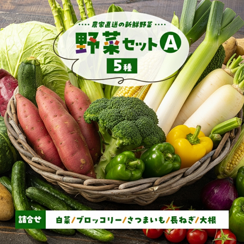 季節の野菜 野菜セットA 5種 白菜 ブロッコリー さつまいも 長ねぎ 大根 詰合せ 季節 旬 野菜 詰め合せ 国産 産地直送 秋野菜 冬野菜 葉物 冷蔵 野菜室