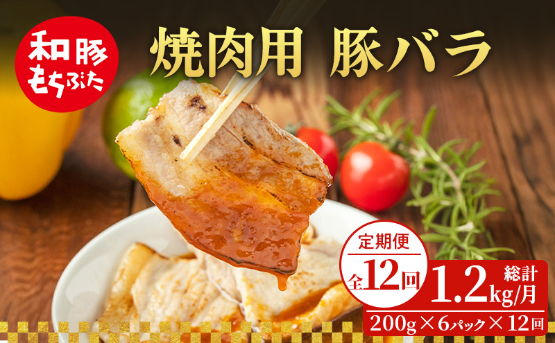 【定期便 12回】焼肉用 豚バラ 和豚 もちぶた 200g×6 (1.2kg) 豚肉 ポーク 肉 豚 国産 宮城県産 小分け バラ肉 豚バラ肉 ストック 精肉