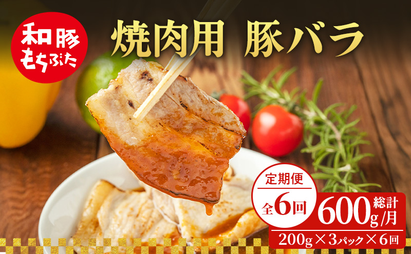 【定期便 6回】焼肉用 豚バラ 和豚 もちぶた 200g×3 (600g) 豚肉 ポーク 肉 豚 国産 宮城県産 小分け バラ肉 豚バラ肉 ストック 精肉
