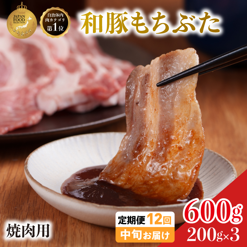 毎月中旬お届け 12回 焼肉用 豚バラ 和豚 もちぶた 200g×3 (600g) 豚肉 ポーク 肉 豚 国産 宮城県産 小分け バラ肉 豚バラ肉 ストック 精肉