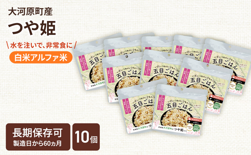 宮城県大河原町産つや姫のアルファ化米 五目ごはん 100g 10袋セット お米 長期保存 非常食 アルファ米 ご飯 ごはん 防災食 備蓄 保存食 常温 つや姫