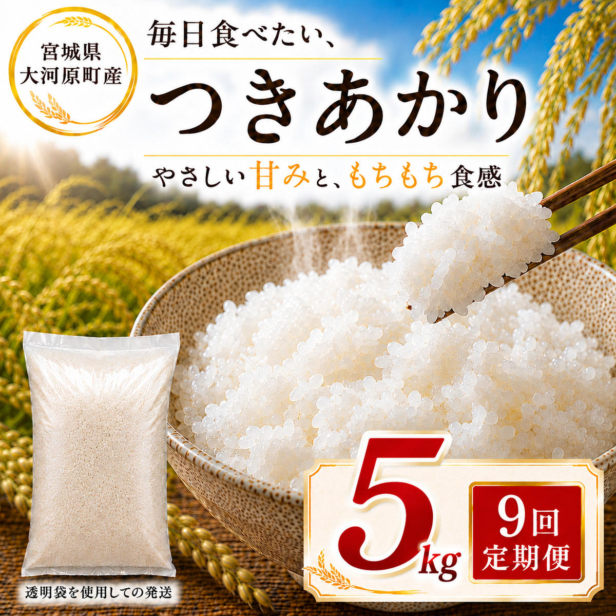 つきあかり 定期便 9回/5kg×1袋 令和8年産 新米 ブランド米 白米 精米 【小分け】 宮城県大河原町産