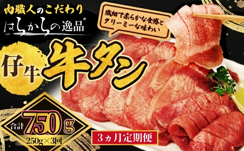 【3ヵ月連続定期便】柔らかい仔牛肉を仕込みました！ 牛タン はらからの逸品 厳選仔牛たん 750g 250g×3回 職人仕込み 秘伝の塩味 牛たん 厚切り 小分け 厚切 焼肉 スライス 牛 牛肉 肉 お肉 ぎゅうたん おつまみ バーベキュー BBQ 【レビューキャンペーン対象】