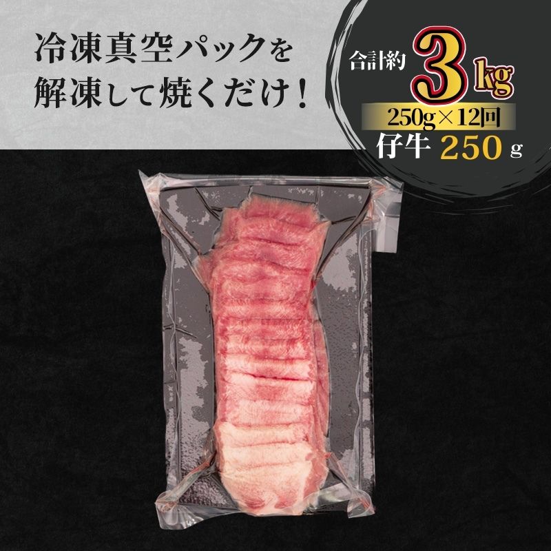 【12ヵ月連続定期便】柔らかい仔牛肉を仕込みました！ 牛タン はらからの逸品 厳選仔牛たん 3kg 250g×12回  職人仕込み 秘伝の塩味 牛たん 厚切り 小分け 厚切 焼肉 スライス 牛 牛肉 肉 お肉 ぎゅうたん おつまみ バーベキュー BBQ 【レビューキャンペーン対象】