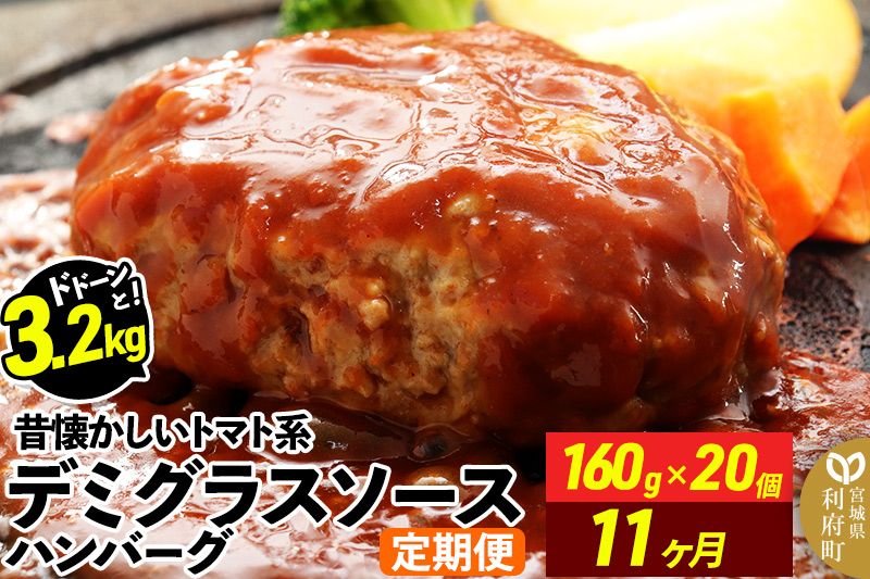 《定期便11ヶ月》ドドンと3.2kg！昔懐かしいトマト系デミグラスソースハンバーグ (160g×20個)×11回 肉 洋食 簡単 大容量 湯煎 湯せん 個包装