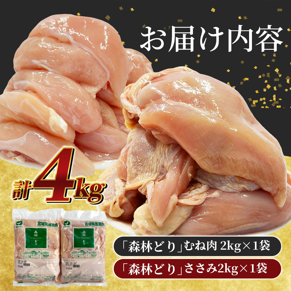 宮城県産森林どり むね肉・ささみ (各2kg・計4kg) / 鶏肉 肉 銘柄鶏 ブランド鶏 国産鶏肉【wellfam2】