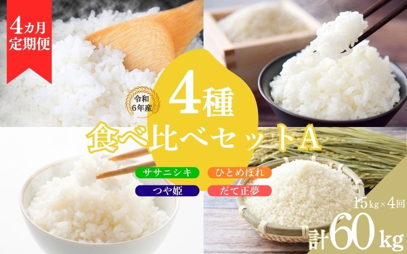 【4ヶ月定期便】いとうファームの 令和6年産 4種食べ比べ 15kg×4回 計60kg 【ササニシキ・ひとめぼれ・つや姫・だて正夢】 / 米 お米 精米 白米 ご飯  食べ比べ 米定期便 産地直送 【itofarm019】