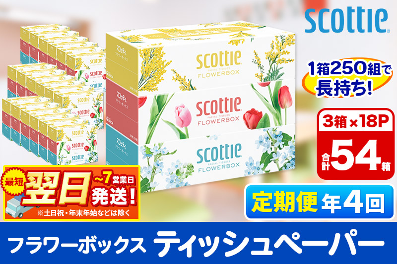 《3ヶ月ごとに4回お届け》定期便 ティッシュペーパー スコッティ フラワーボックス250組 54箱(3箱×18パック)  最短翌日発送【レビューキャンペーン中】