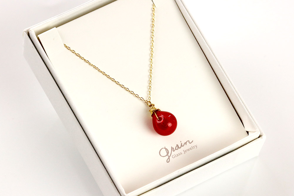しずくネックレス 【クリアオレンジ】ガラスジュエリー Glass Jewelry grain アクセサリー 秋田