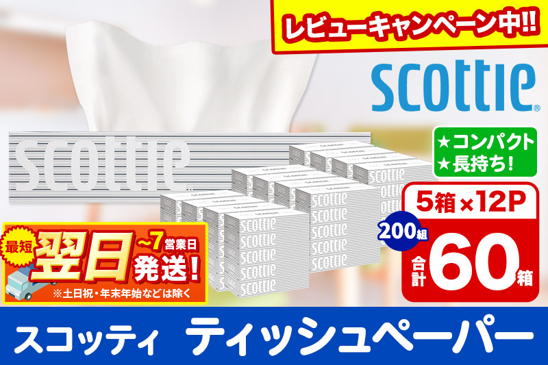 ティッシュペーパー スコッティ 200組 60箱(5箱×12パック) ティッシュ 日用品 最短翌日発送【レビューキャンペーン中】