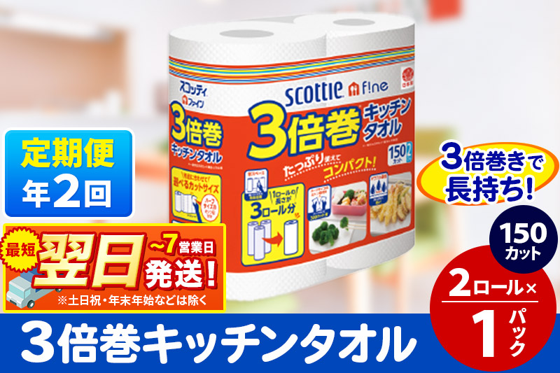 《6ヶ月ごとに2回お届け》定期便 スコッティファイン キッチンタオル 150カット 2ロール×1パック 秋田市オリジナル 最短翌日発送