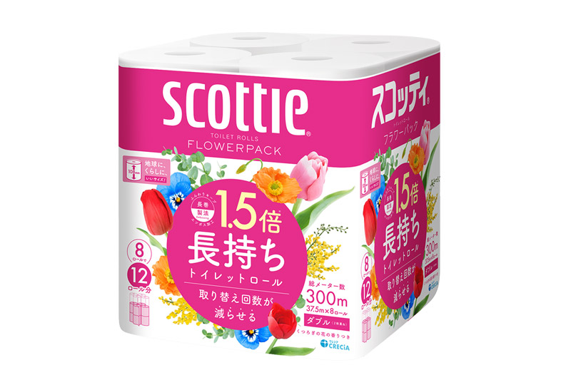 《6ヶ月ごとに2回お届け》定期便 トイレットペーパー スコッティ フラワーパック 1.5倍長持ち〈香り付〉8ロール(ダブル)×8パック レビューキャンペーン中