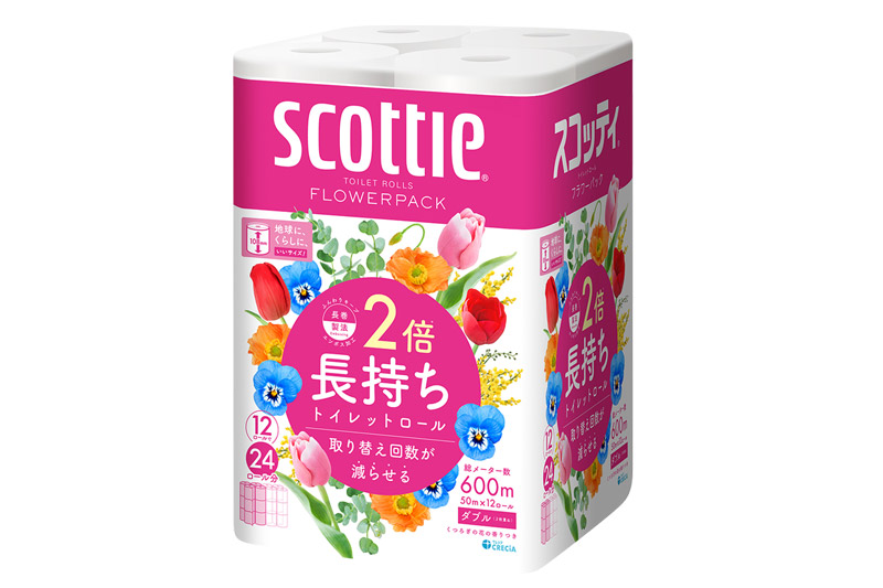 《4ヶ月ごとに3回お届け》定期便 トイレットペーパー スコッティ フラワーパック 2倍長持ち〈香り付〉12ロール(ダブル)×4パック