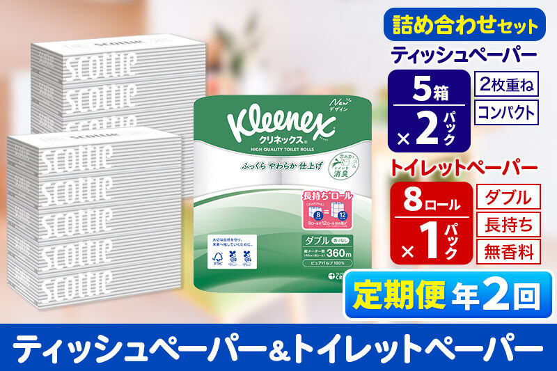 《6ヶ月ごとに2回お届け》定期便 トイレットペーパー クリネックス ダブル 長持ち 8ロール×1P ＆ ティッシュペーパー スコッティ10箱(5箱×2P) 秋田市オリジナル 新生活 [トイレットペーパー ティッシュ ボックスティッシュ 定期便 新生活]