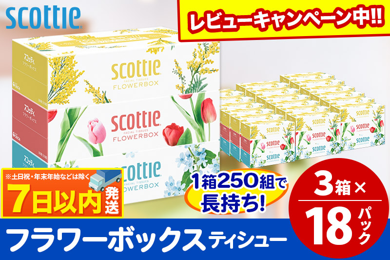 ティッシュペーパー スコッティ フラワーボックス250組 54箱(3箱×18パック)  レビューキャンペーン中 日用品 7日以内発送